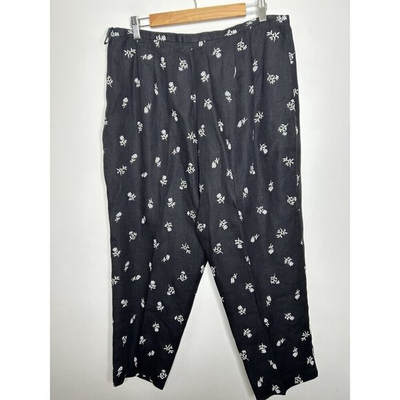 Talbots 100% Irish Linen Black Floral Embroidered Lagenlook Capri Pants Size 18 - Picture 9 of 10